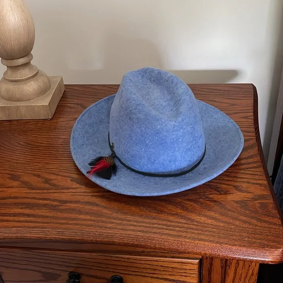 Ecua Andino Blue wool Felt Fedora Hat with Feather Accent.   100% wool. - Picture 3 of 9